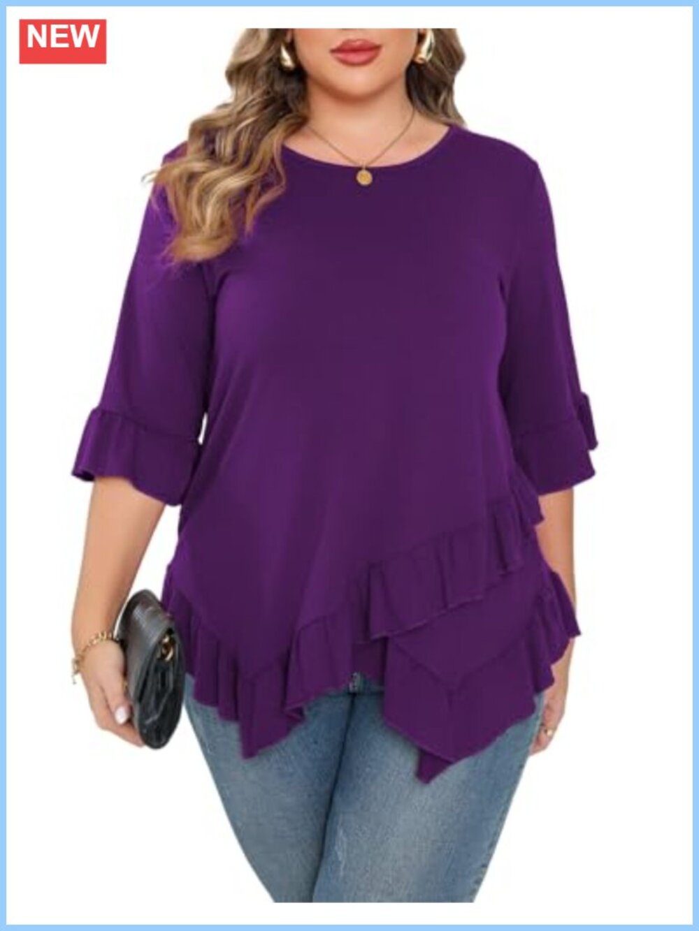 Plus Size Tunic Top 3/4 Ruffle Sleeve Flowy Blouse Ruffled Hem